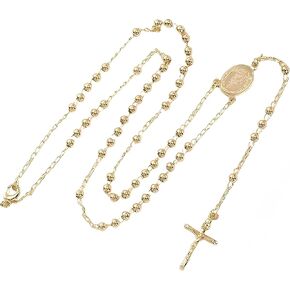 Gold long Necklace for Women Featuring The Virgin Mary, Rosary Cross, Y-shaped Sun Drop Dangles, and a Miracle Medal Pendant. It's a Beautiful Gift Idea!