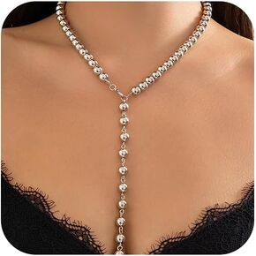 Statement Long Gold Beaded Y Necklaces for Women Dainty Silver Round Balls Small Beads Chain Choker Necklace Vintage Y2k Party Jewelry Gifts Accessories