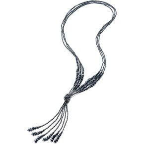 COOLSTEELANDBEYOND Boho Chic Lariat Necklace Tassel Pendant Dark Blue Crystal Bead Three-Strand Long Chain Y-Shape