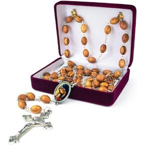 TREE OF LIFE REV. 22:14 Wooden Catholic Rosary Necklace from Israel, Olive Wood Rosary Beads with Icon Portrait & Crucifix Cross Pendant, Confirmation & Communion Rosaries for Men & Women