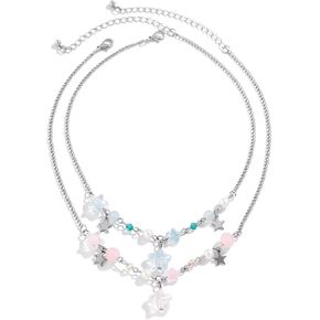 2 Pcs Pink Blue Star Necklace Set Round Beads Chain Necklace Punk Y2K Jewelry Gifts for Women