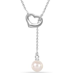 LeCalla 925 Sterling Silver Heart Pendant Necklace for Women | Open Heart Shape Freshwater Pearl Chain Necklace | Adjustable Lariat Style Y-Necklace 24 Inches