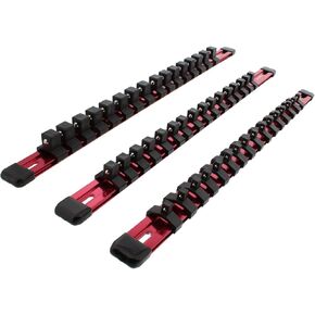 ABN Red Aluminium SAE Socket Holder Rail 3PC Set - 1/4in ، 3/8in ، 1/2in tool و Socket Organizer Rails مع 16 مقاطع