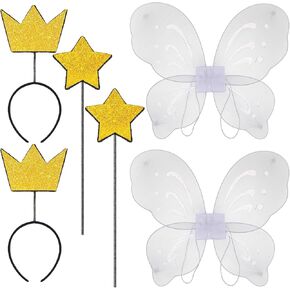 Sratte 6 Pcs Fairy Costumes, Fairy Wings Dress Up Wings Butterfly Glitter Star Wand and Gold Crown Headband Set, Halloween Costume Dress Up Accessories Birthday Decorations Party Play Accessories