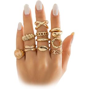 10PCS Gold Stackable Rings Set for Women,Trendy Gold Plated Open Stacking Knuckle Ring Adjustable Chunky Signet Rings Midi Finger Rings Pack Fashion Jewelry