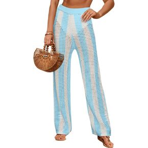 Fisoew Womens Crochet Cover Up Pants Striped High Waisted Sexy Sheer Mesh Knit Summer Beach Swimsuit Coverup Pants