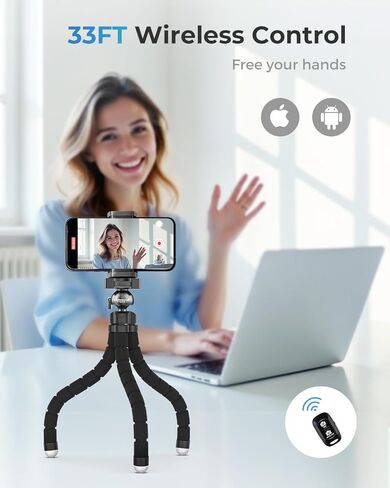 Ubeesize Flexible Mini Phone Tripod, Portable and Adjustable Camera Stand Holder with Wireless Remote and Universal Clip, Compatible with Cellphones, Sports Cameras in Kuwait