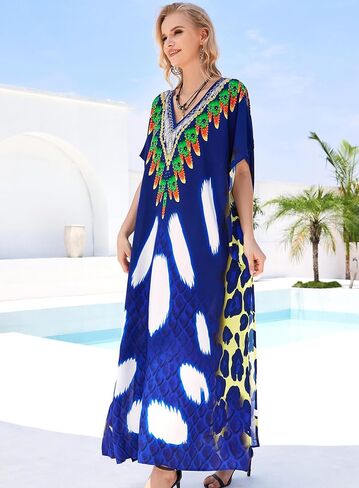 Plus Size Kaftan Dresses for Women Beach Cover Ups Swimwear with V-Neck Lightweight Caftans for Vacation Dress in Kuwait