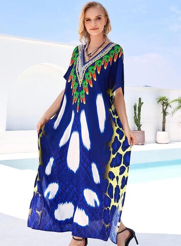 Plus Size Kaftan Dresses for Women Beach Cover Ups Swimwear with V-Neck Lightweight Caftans for Vacation Dress in Kuwait