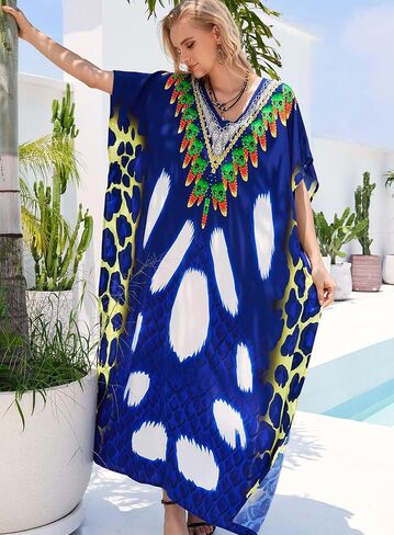 Plus Size Kaftan Dresses for Women Beach Cover Ups Swimwear with V-Neck Lightweight Caftans for Vacation Dress in Kuwait