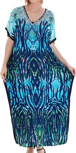 Plus Size Kaftan Dresses for Women Beach Cover Ups Swimwear with V-Neck Lightweight Caftans for Vacation Dress in Kuwait