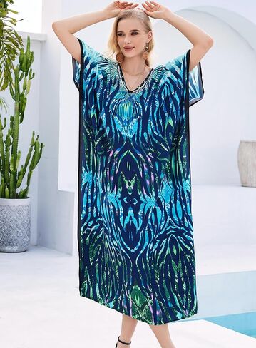 Plus Size Kaftan Dresses for Women Beach Cover Ups Swimwear with V-Neck Lightweight Caftans for Vacation Dress in Kuwait