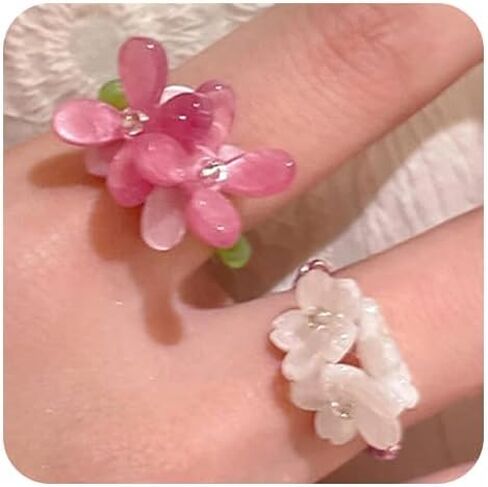 2PCS Handmade Crystal Beads Rings Set For women, Cute Vintage Colorful Solid Glass Beads Aesthetic Stretch Finger Rings for Women Holiday Bohemian Jewelry in Saudi Arabia