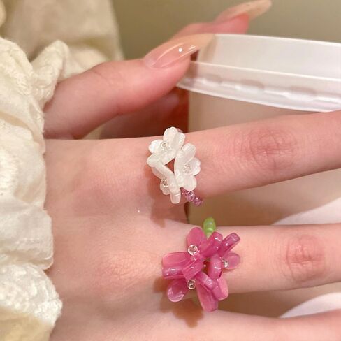 2PCS Handmade Crystal Beads Rings Set For women, Cute Vintage Colorful Solid Glass Beads Aesthetic Stretch Finger Rings for Women Holiday Bohemian Jewelry in Saudi Arabia