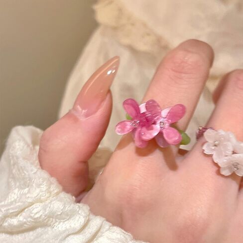 2PCS Handmade Crystal Beads Rings Set For women, Cute Vintage Colorful Solid Glass Beads Aesthetic Stretch Finger Rings for Women Holiday Bohemian Jewelry in Saudi Arabia