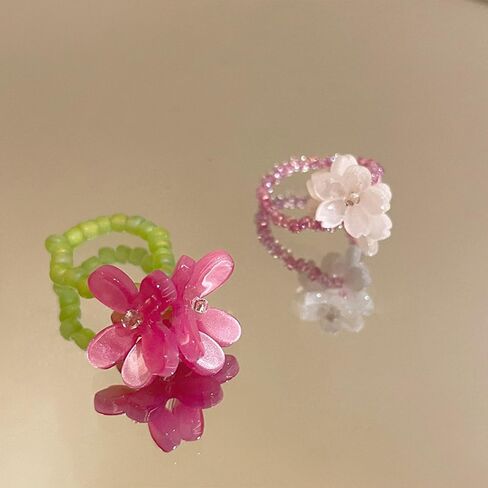 2PCS Handmade Crystal Beads Rings Set For women, Cute Vintage Colorful Solid Glass Beads Aesthetic Stretch Finger Rings for Women Holiday Bohemian Jewelry in Saudi Arabia