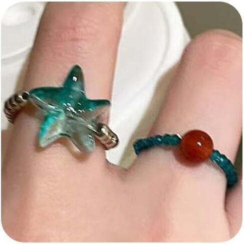 2PCS Handmade Crystal Beads Rings Set For women, Cute Vintage Colorful Solid Glass Beads Aesthetic Stretch Finger Rings for Women Holiday Bohemian Jewelry in Saudi Arabia