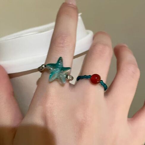 2PCS Handmade Crystal Beads Rings Set For women, Cute Vintage Colorful Solid Glass Beads Aesthetic Stretch Finger Rings for Women Holiday Bohemian Jewelry in Saudi Arabia