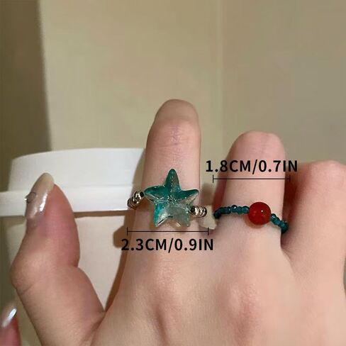 2PCS Handmade Crystal Beads Rings Set For women, Cute Vintage Colorful Solid Glass Beads Aesthetic Stretch Finger Rings for Women Holiday Bohemian Jewelry in Saudi Arabia