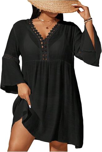 Wdirara Women's Plus Size Boho Half Sleeve Cover Up V Deck Swimsuit Bikini Beach Dress in Saudi Arabia