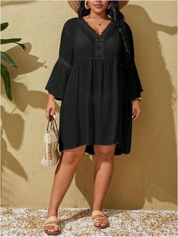 Wdirara Women's Plus Size Boho Half Sleeve Cover Up V Deck Swimsuit Bikini Beach Dress in Saudi Arabia