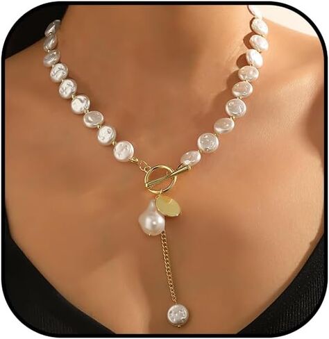 Baroque Pearl Necklaces for Women Dainty irregularity Pearl Pendant Necklace Vintage Y Shaped Necklace Chunky Gold Necklaces Birthday Wedding Jewelry in Saudi Arabia