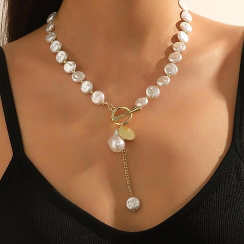 Baroque Pearl Necklaces for Women Dainty irregularity Pearl Pendant Necklace Vintage Y Shaped Necklace Chunky Gold Necklaces Birthday Wedding Jewelry in Saudi Arabia