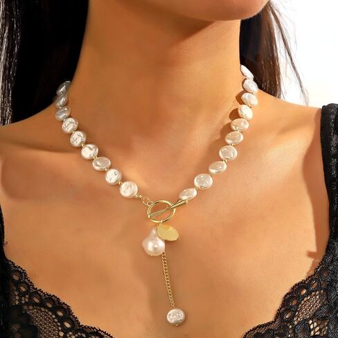 Baroque Pearl Necklaces for Women Dainty irregularity Pearl Pendant Necklace Vintage Y Shaped Necklace Chunky Gold Necklaces Birthday Wedding Jewelry in Saudi Arabia