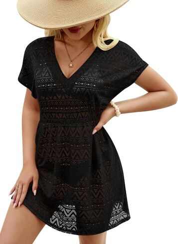 Summer Women's Crochet V Neck Elastic Waist Bathing Suit Coverup Sexy Hollow Out Short Sleeve Beach Dress in Saudi Arabia