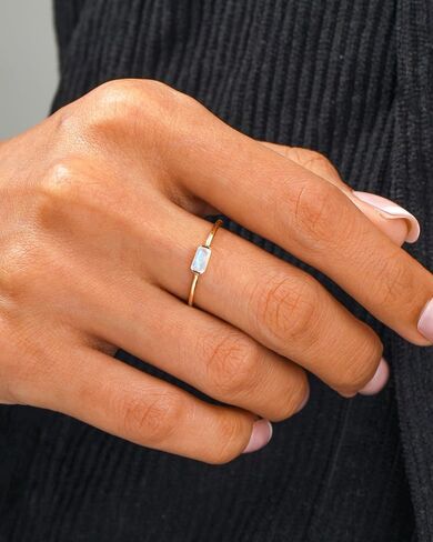 YoTreasure 14K Yellow Gold Emerald Shape Amethyst & Moonstone Stackable Rings for Women | Dainty Thin Bands for Women in Saudi Arabia