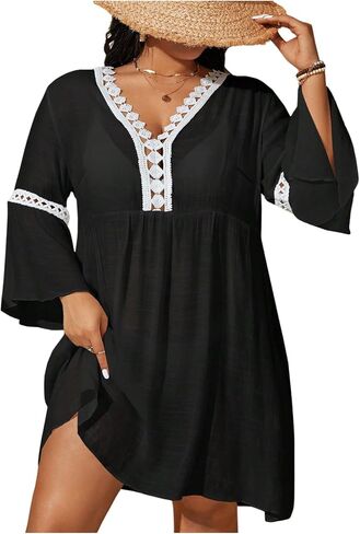 Wdirara Women's Plus Size Boho Half Sleeve Cover Up V Deck Swimsuit Bikini Beach Dress in Kuwait