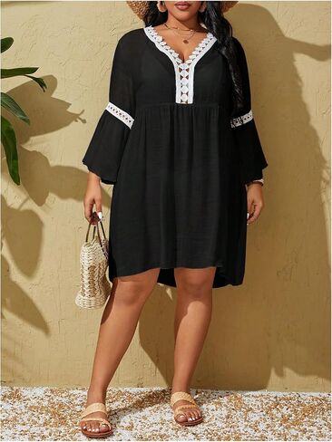 Wdirara Women's Plus Size Boho Half Sleeve Cover Up V Deck Swimsuit Bikini Beach Dress in Kuwait