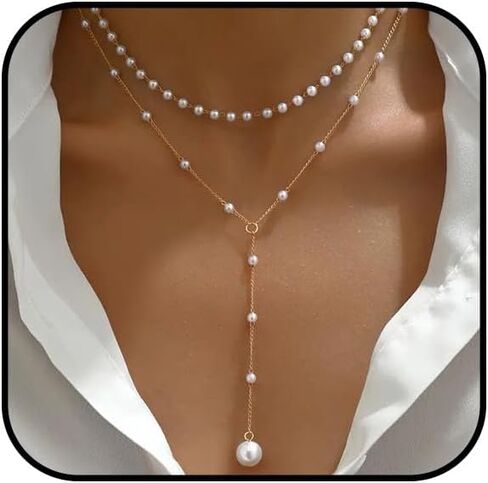 Gold Lariat Necklace for Women Layered Pearl Lariat Necklace Sun Y-shaped Dangle Dainty Long Beaded Cz Chain Drop Minimalist Lasso Jewelry Accessories in Saudi Arabia