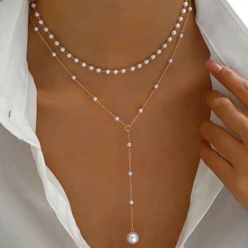Gold Lariat Necklace for Women Layered Pearl Lariat Necklace Sun Y-shaped Dangle Dainty Long Beaded Cz Chain Drop Minimalist Lasso Jewelry Accessories in Saudi Arabia
