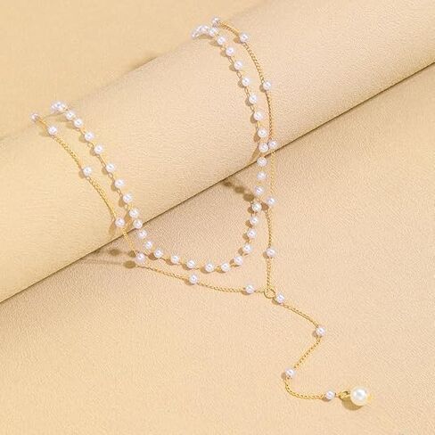 Gold Lariat Necklace for Women Layered Pearl Lariat Necklace Sun Y-shaped Dangle Dainty Long Beaded Cz Chain Drop Minimalist Lasso Jewelry Accessories in Saudi Arabia