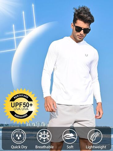 NORTHYARD Men's UPF 50+ Sun Protection Shirts Hoodie UV Rash Guard Long Sleeve Shirt for Lightweight Hiking Swim Fishing White XL in Saudi Arabia