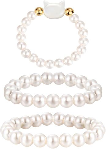 Rnivida 3Pcs Stretch Pearl Rings for Women,Faux Pearl Ring Strand 3MM Stackable Rings Adjustable Size in Saudi Arabia