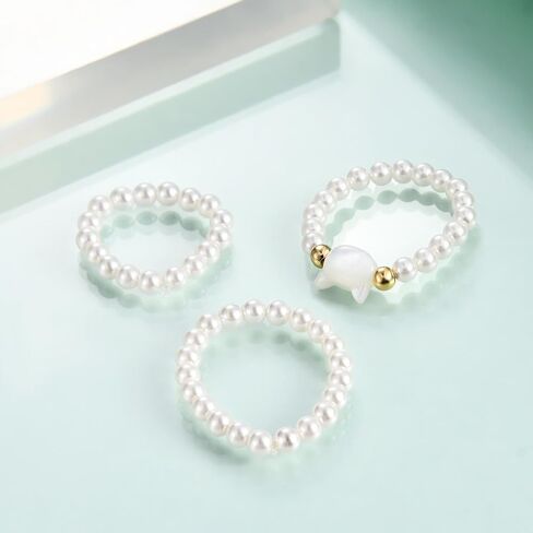 Rnivida 3Pcs Stretch Pearl Rings for Women,Faux Pearl Ring Strand 3MM Stackable Rings Adjustable Size in Saudi Arabia