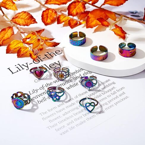 Ornaland 9 Pcs 9 Styles Rainbow Color Cuff Rings Set for Women Hand Hollow Heart Moon Knuckle Open Rings Adjustable Stackable Finger Rings Jewelry Gifts in Saudi Arabia