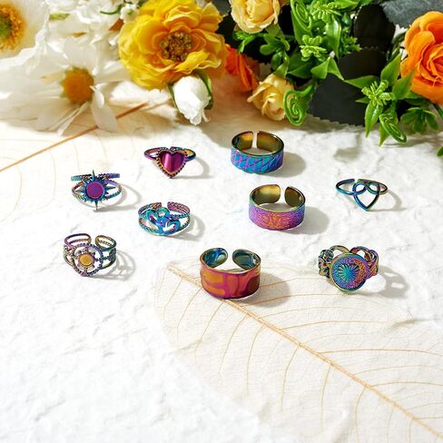 Ornaland 9 Pcs 9 Styles Rainbow Color Cuff Rings Set for Women Hand Hollow Heart Moon Knuckle Open Rings Adjustable Stackable Finger Rings Jewelry Gifts in Saudi Arabia