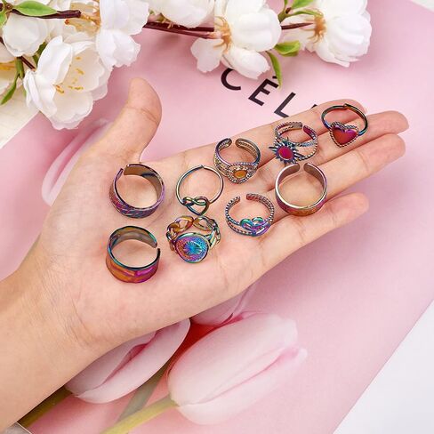 Ornaland 9 Pcs 9 Styles Rainbow Color Cuff Rings Set for Women Hand Hollow Heart Moon Knuckle Open Rings Adjustable Stackable Finger Rings Jewelry Gifts in Saudi Arabia