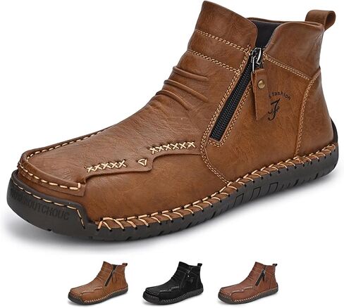Zeberfi Men's Waterproof Leather Chukka Ankle Boots for Hiking Camping & Driving Fashion Retro Side Zip Hand Stitched High Top Outdoor Walking Sneakers Optional Warm Velvet Lining Snow Boots in Kuwait