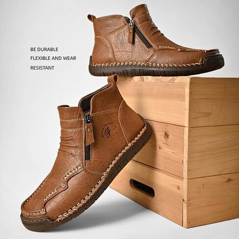 Zeberfi Men's Waterproof Leather Chukka Ankle Boots for Hiking Camping & Driving Fashion Retro Side Zip Hand Stitched High Top Outdoor Walking Sneakers Optional Warm Velvet Lining Snow Boots in Kuwait