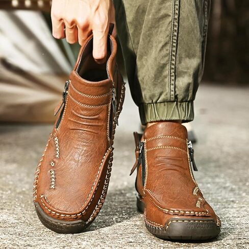 Zeberfi Men's Waterproof Leather Chukka Ankle Boots for Hiking Camping & Driving Fashion Retro Side Zip Hand Stitched High Top Outdoor Walking Sneakers Optional Warm Velvet Lining Snow Boots in Kuwait