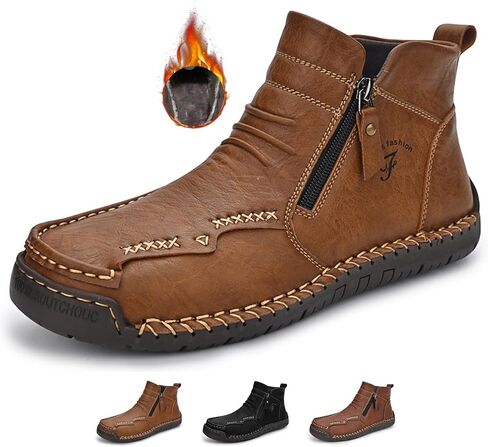 Zeberfi Men's Waterproof Leather Chukka Ankle Boots for Hiking Camping & Driving Fashion Retro Side Zip Hand Stitched High Top Outdoor Walking Sneakers Optional Warm Velvet Lining Snow Boots in Kuwait
