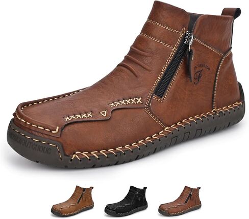 Zeberfi Men's Waterproof Leather Chukka Ankle Boots for Hiking Camping & Driving Fashion Retro Side Zip Hand Stitched High Top Outdoor Walking Sneakers Optional Warm Velvet Lining Snow Boots in Kuwait