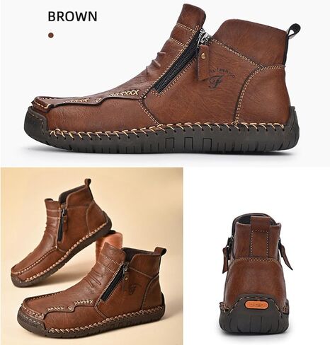 Zeberfi Men's Waterproof Leather Chukka Ankle Boots for Hiking Camping & Driving Fashion Retro Side Zip Hand Stitched High Top Outdoor Walking Sneakers Optional Warm Velvet Lining Snow Boots in Kuwait