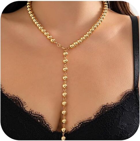 Statement Long Gold Beaded Y Necklaces for Women Dainty Silver Round Balls Small Beads Chain Choker Necklace Vintage Y2k Party Jewelry Gifts Accessories in Saudi Arabia