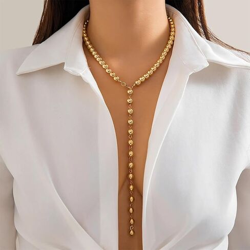 Statement Long Gold Beaded Y Necklaces for Women Dainty Silver Round Balls Small Beads Chain Choker Necklace Vintage Y2k Party Jewelry Gifts Accessories in Saudi Arabia