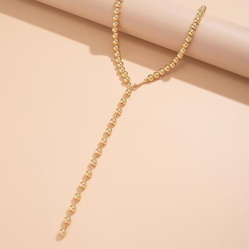 Statement Long Gold Beaded Y Necklaces for Women Dainty Silver Round Balls Small Beads Chain Choker Necklace Vintage Y2k Party Jewelry Gifts Accessories in Saudi Arabia